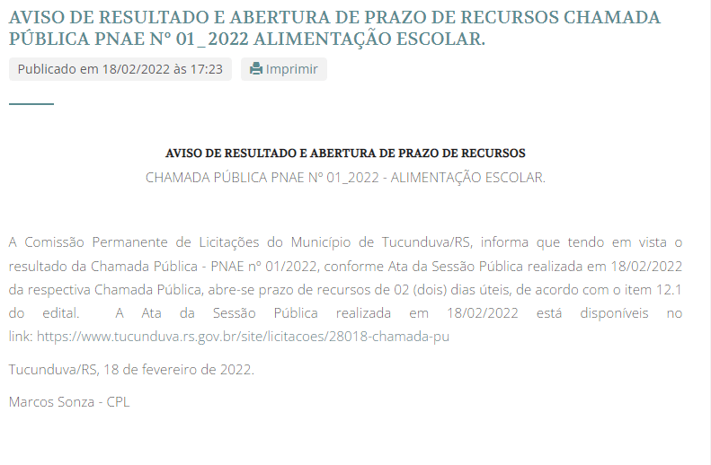 AVISO DE RESULTADO E ABERTURA DE PRAZO DE RECURSOS CHAMADA PÚBLICA PNAE Nº 01_2022 ALIMENTAÇÃO ESCOLAR.
